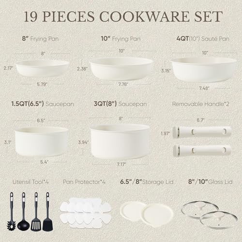 19-Piece Nonstick Pots and Pans Set with Removable Handles, Cream White