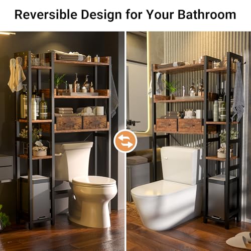 7-Tier Over The Toilet Storage Organizer with Drawers, Rustic Brown