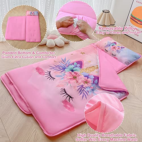 Pink Unicorn Toddler Nap Mat with Removable Pillow and Blanket for Daycare