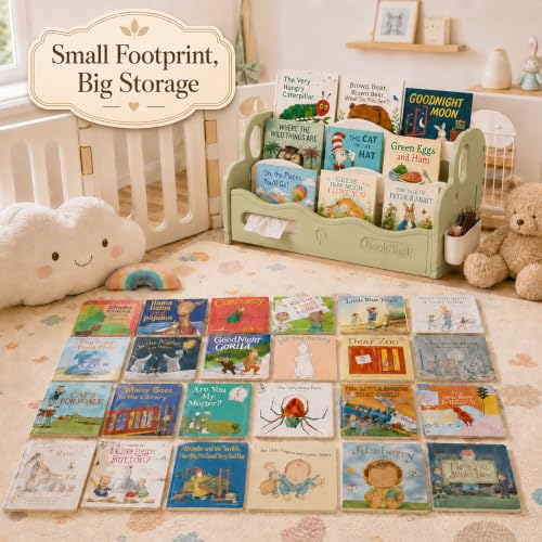 JOOMLAFLY Green Kids Bookshelf for Toddler - Front Facing Montessori Book Organizer, 3-Tier, BPA-Free HDPE, Tool-Free Assembly