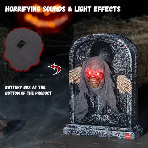 Animatronic Halloween Tombstone with Moving Skeleton, LED Eyes & Sound