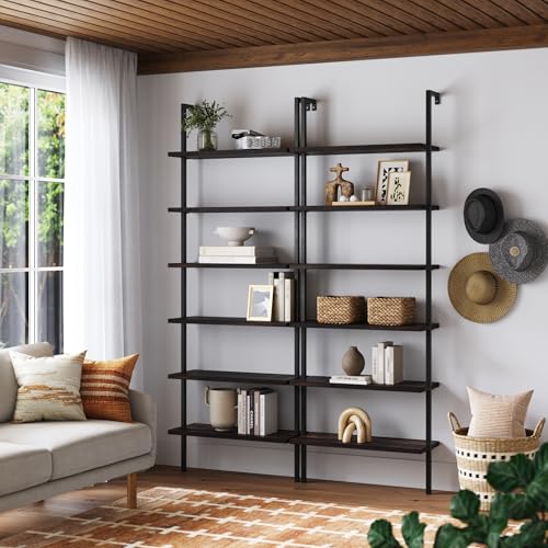 6-Tier Industrial Wall Mount Bookcase, Wood and Metal Open Shelf Set of 2