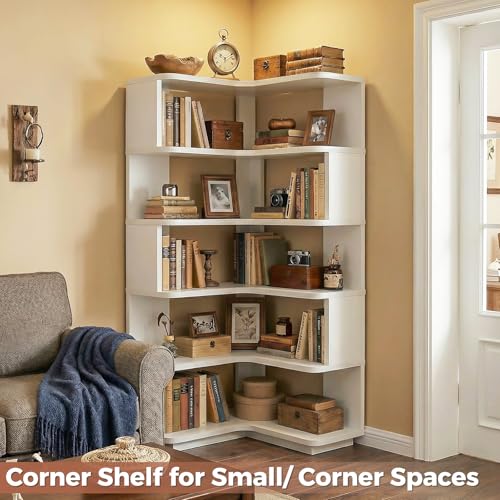 6-Tier Corner Bookshelf, L-Shaped Space-Saving Storage Display Stand, White