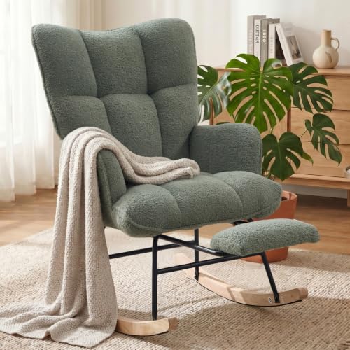Teddy Fleece Nursery Glider Rocker with Adjustable Footrest and Side Pocket