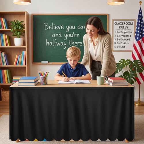6ft Ruffled Teacher Desk Skirt - Black Scalloped Polyester Table Cover