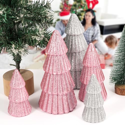 6-Piece Pink & Silver Christmas Tree Set – Tabletop Table Decor, 3 Sizes