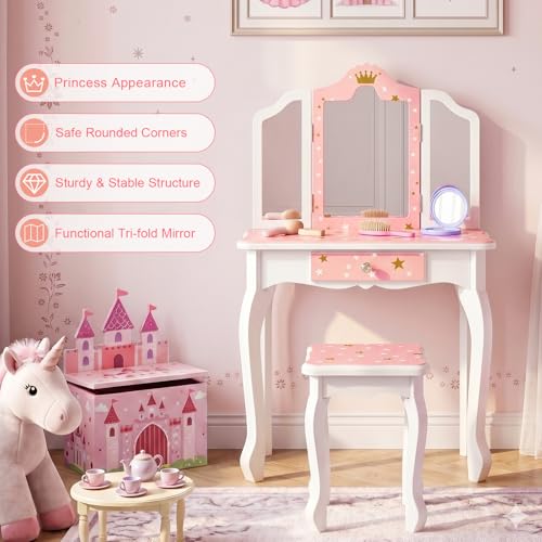 Kids Vanity Table and Chair Set with Folding Mirror and Storage Drawer