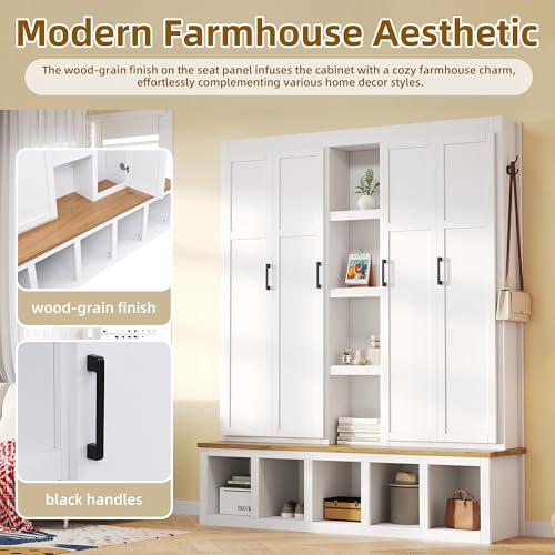 Modern Farmhouse Hall Tree with Shoe Storage Bench and 4-in-1 Entryway Cabinet