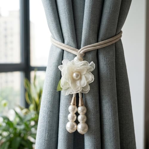 Adjustable Hand-Woven Curtain Tiebacks with Silk Flower and Pearl (Set of 4)