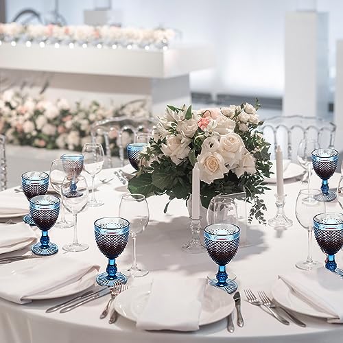12-Piece Vintage Blue Glass Goblet Set, 10 oz Embossed Diamond Wine Glasses