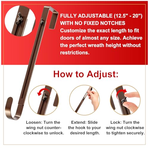 Adjustable Front Door Wreath Hangers (2-Pack) - 12.5-20" Heavy Duty Metal Hooks