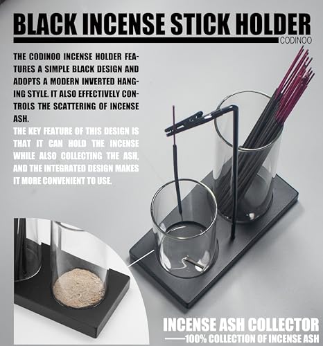 2-in-1 Glass Incense Burner and Storage Holder with Wooden Base - Black