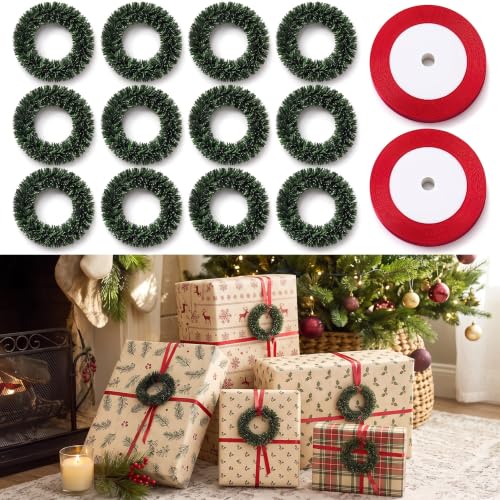 Yunlly 14 Pcs Mini Christmas Wreath Gift Wrapping Set - Plain Wreath & Red Ribbon