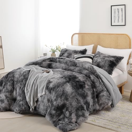 Fluffy Faux Fur King Comforter Set - 3-Piece Plush Tie-Dye Grey Bedding Set