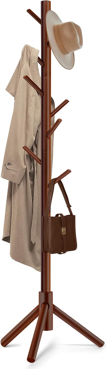 Skiennix Solid Wooden Coat Rack - Freestanding New Zealand Pine Coat Tree with 8 Hooks | Adjustable Sizes for Coats, Hats, and Handbags (Brown)