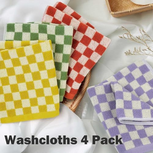 Jacquotha Checkered Cotton Wash Cloths 4 Pack - Vibrant Colors, 13x13 Inches