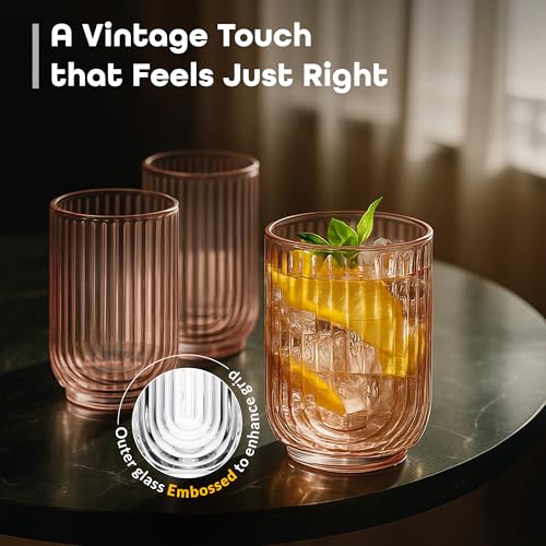 Glaver's Pink 17oz Vintage Glassware Set of 4 Art Deco Ribbed Drinking Tumblers