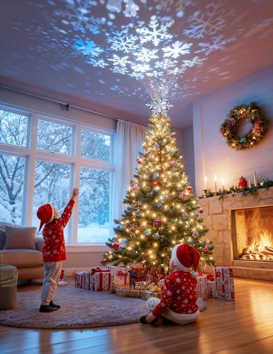 Silver Christmas Tree Topper with Built-in Rotating Snowflake LED Projector