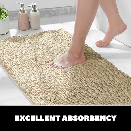 3-Piece Chenille Bath Rug Set, Soft Absorbent Non-Slip Bathroom Mat, Beige