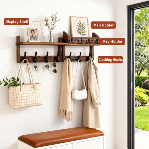 27-Inch Wall Mounted Coat Rack with Shelf and 11 Hooks, Wood Entryway Organizer