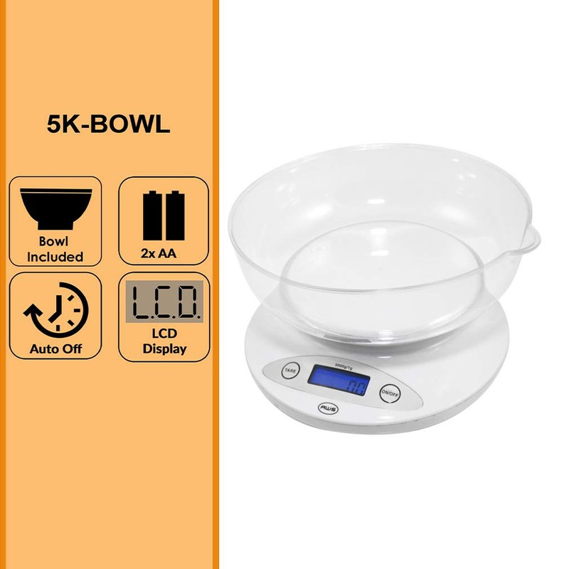 American Weigh Scales Digital Kitchen Bowl Scale, Backlit LCD Display, Auto Off Function, Removable Bowl Design White5KBOWL-WT