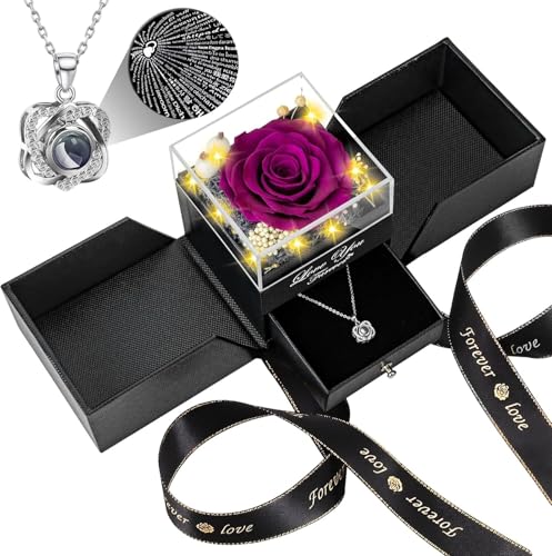 Lebana Purple Preserved Rose with I Love You Necklace – Eternal Rose Gift for Women