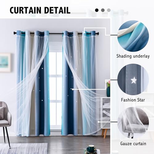 Star Cutout Blackout Curtains, Double Layer Lace Drapes 52x63 Inch