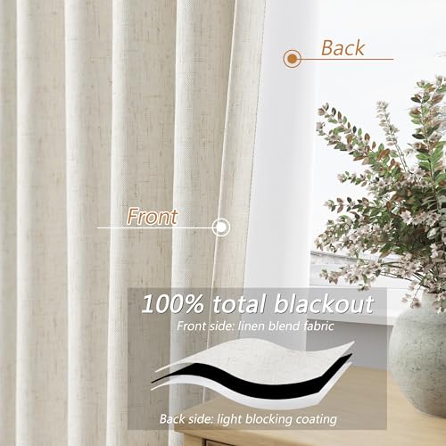 100% Blackout Linen Curtains 84 Inch - Thermal Insulated 2 Panel Set