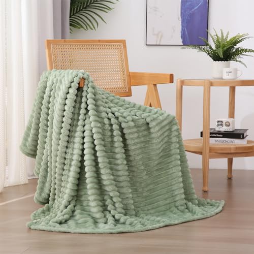 Sage Green Fleece Throw Blanket 50x60 Inches - Soft Striped Flannel