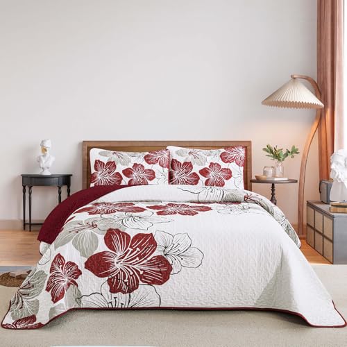 King Size Christmas Red Floral Boho Quilt Set 3 Pieces - DJY