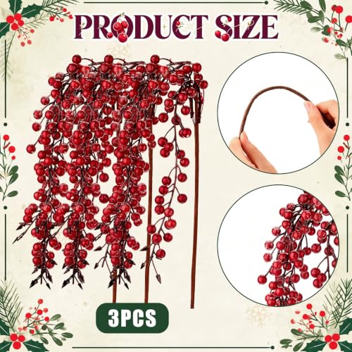 Norme 3 Pack Artificial Burgundy Red Holly Berry Stems for Christmas Decor - Classic Red Variant