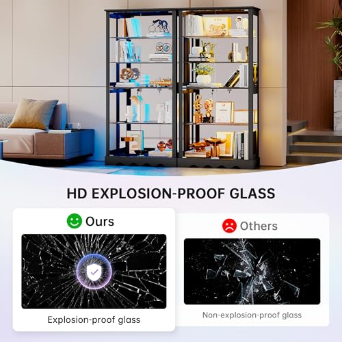 71" Tall Glass Display Cabinet with RGB Motion Sensor LED Lighting, Black