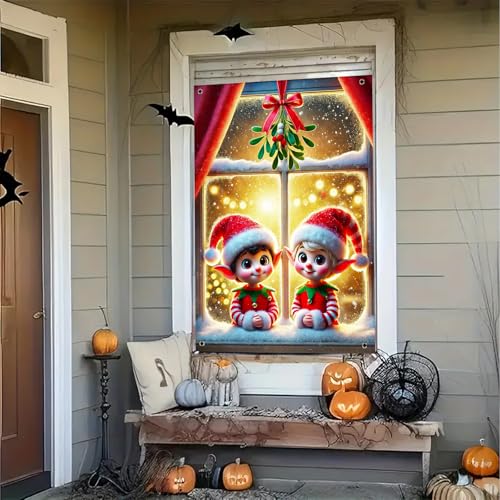 BlissYard Xmas Window Banner 31x47 Elves Twin Scene - Christmas Window Decorating Banner (Variation THIS listing: Christmas Window Banner#1)