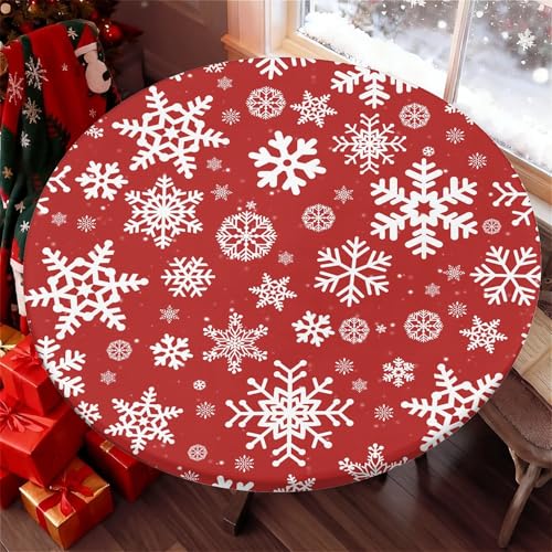 Yesad Christmas Snow Round Table Cover 60 Inch Fitted Elastic Tablecloth for Indoor Outdoor Holiday Events