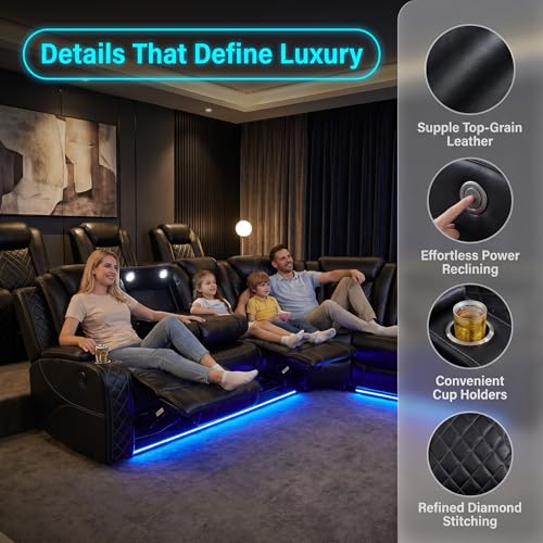Modern Power Reclining Sectional Sofa with LED Lights and Console