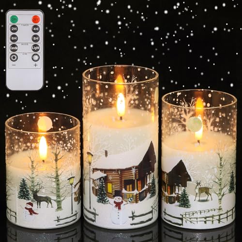 SNUGBLAKI White Snowman Flameless Christmas Candles with Remote, 3D Wick Real Wax in Glass