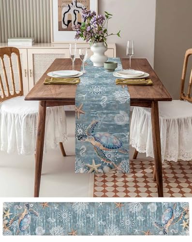 Lsrtoss Beige Blue Coastal Table Runner 13 x 60 Inches Summer Beach Nautical Decor