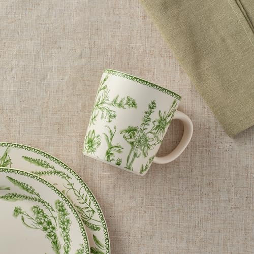 Bico Green Garden Toile de Jouy 18 oz Mugs Set of 4 – Lead-Free Ceramic Coffee Tea Cups with Large Handles