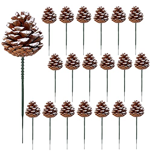 20 Pcs Snow Frosted Pine Cone Picks with Stems for Holiday Decor