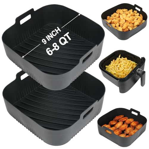 9-Inch Reusable Square Silicone Air Fryer Liners - 2 Pack for 6-8QT Baskets