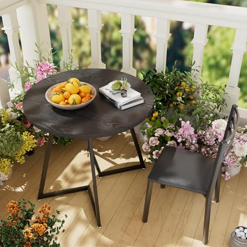 31.5-Inch Round Dining Table with Wood Grain Top and Steel Frame