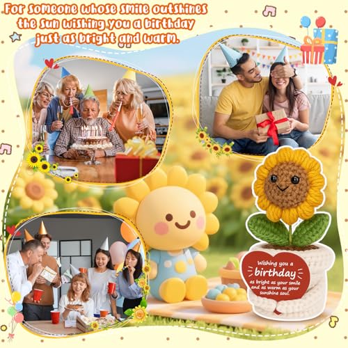 Crochet Sunflower Plush with Inspirational Card - Unique Birthday Gift