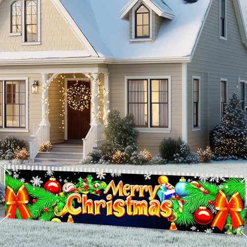 Merry Christmas Banner 78x17 in Pine Bough Bow Balls Candy - BlissYard #005