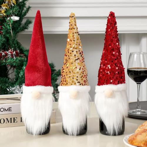 SANPLMG 3-Pack Glitter Gnomes Christmas Wine Bottle Covers - Santa & Snowman Decor