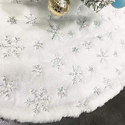 48-Inch White Faux Fur Christmas Tree Skirt with Silver Sequin Snowflakes