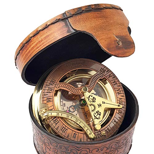 Antique Brass and Copper Sundial Compass with Leather Gift Box