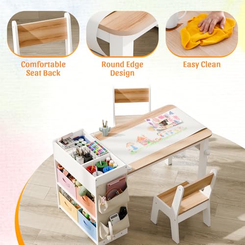 Kids Art Table and 2 Chairs Set with Storage Bins and Paper Roll
