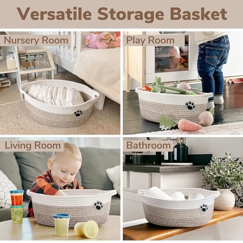 Woven Rope Dog Toy Storage Basket with Handles & Paw Print - 12" x 8" x 5"