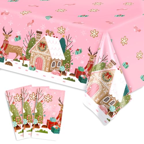 3 Pack Pink Christmas Plastic Tablecloths with Gingerbread Reindeer 54x108 Inch