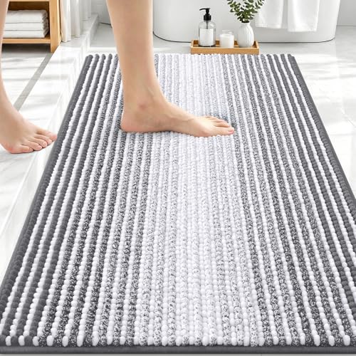 OLANLY Striped Chenille Bathroom Rug 30x20 Grey Absorbent Bath Mat